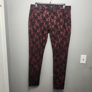 C Pink Women's Lace Overlay  Pants Size 13 Floral Black And Red